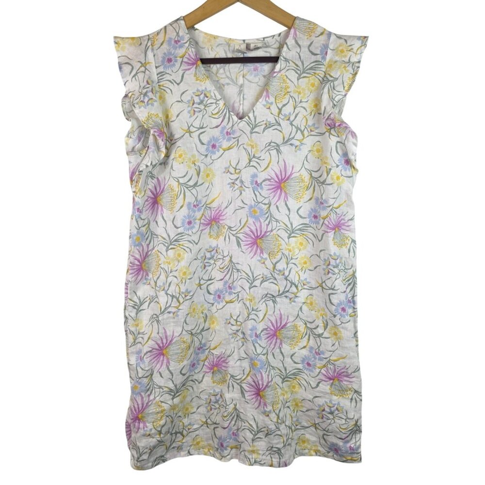 Joie Womens Dress Size Medium White Floral Linen Flutter Short Sleeve Mini Dress